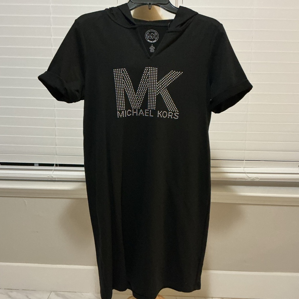 NWOT Michael Kors Black Hooded Dress with Rhinestone Logo